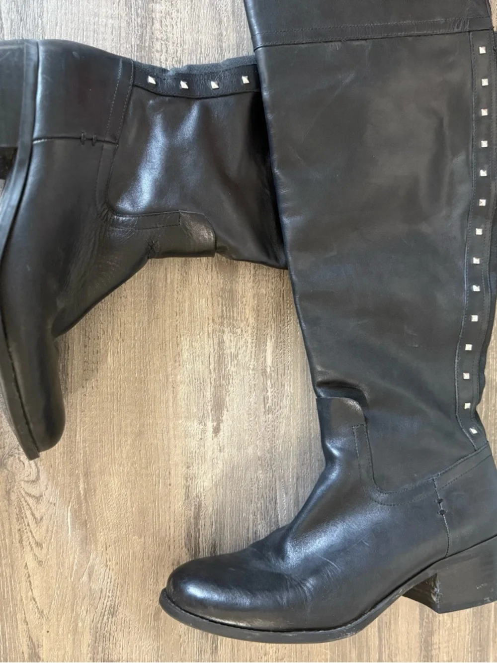 Vince Camuto Black Knee-High Studded Leather Riding Boots